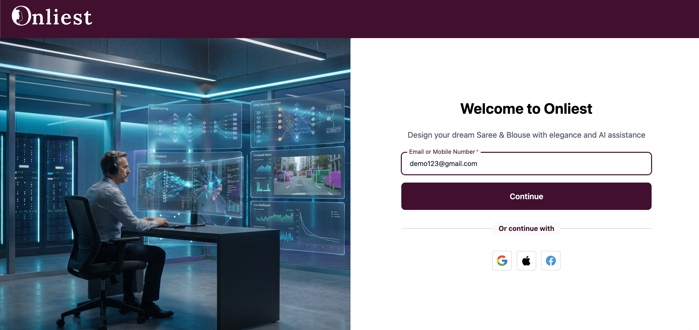 Welcome screen with email address entered and Continue button active