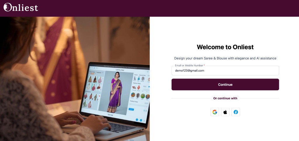 Welcome screen with email address entered and Continue button active