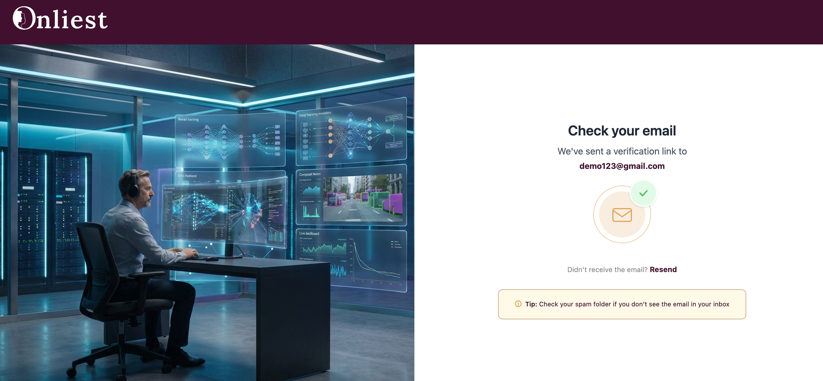 Check your email screen with verification link sent confirmation