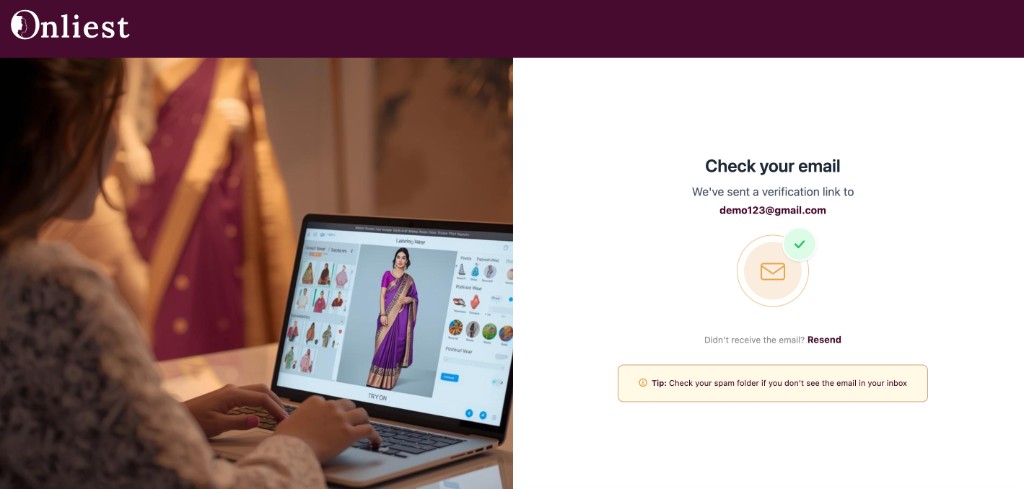 Check your email screen with verification link sent confirmation